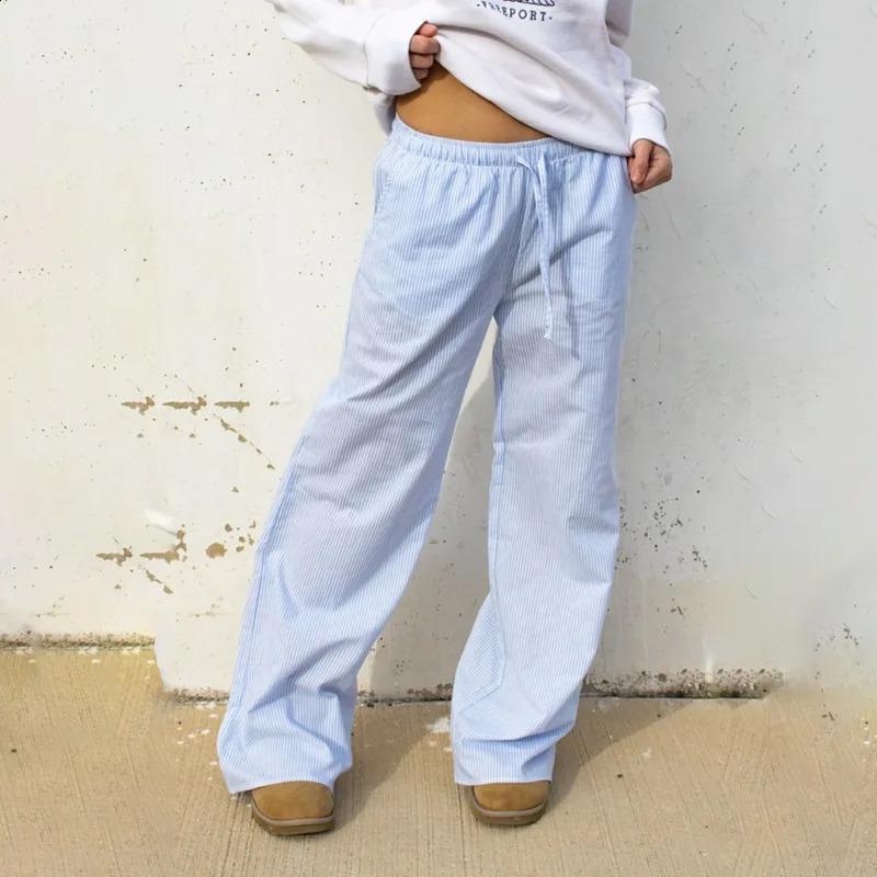 QWEEK Vintage Y2k Blue Striped Casual Pants Oversized Harajuku Korean Fashion Old Money Baggy Pink Trousers Woman Summer Thin 240821
