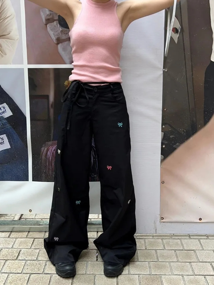 HOUZHOU Y2k Vintage Cargo Pants Woman Harajuku Embroidery Casual Gyaru Wide Leg Trousers Korean Fashion Streetwear Spring Loose 240821