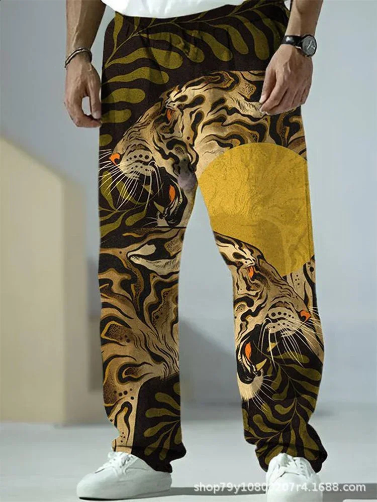 Mens casual pants Japanese style pattern printing casual handsome mens straight pants loose fashion bamboo linen trousers 240822