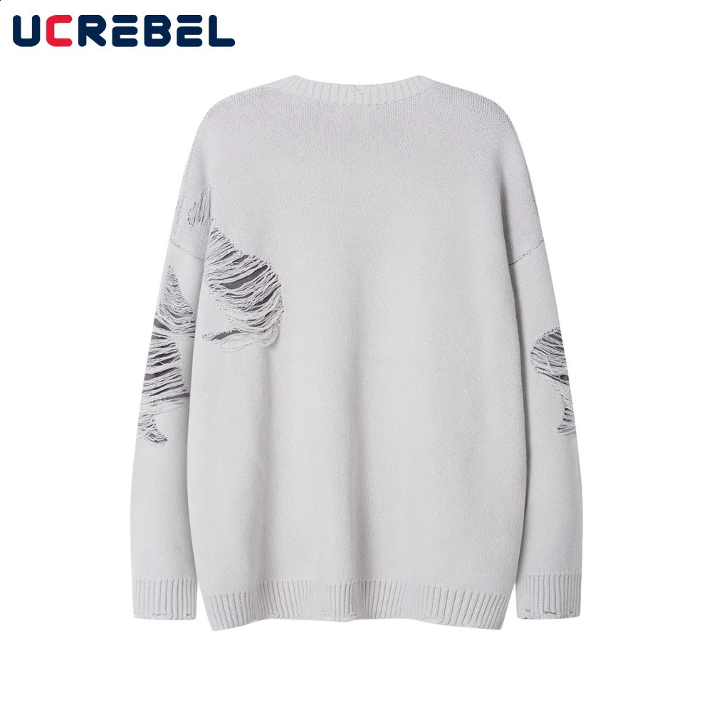 Splicing and tearing sweater for men autumn winter street workers loose collar long sleeved knitted floral mens clothing 240821