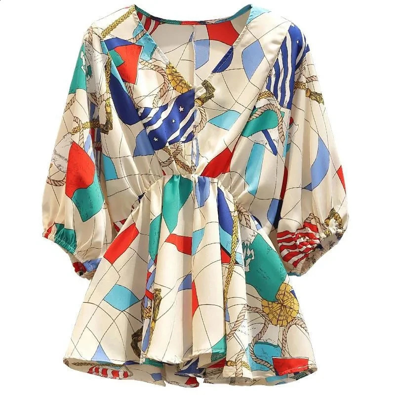 Geometric print chiffon street Vneck zipper loose womens shirt long sleeved clothing fashion 240822