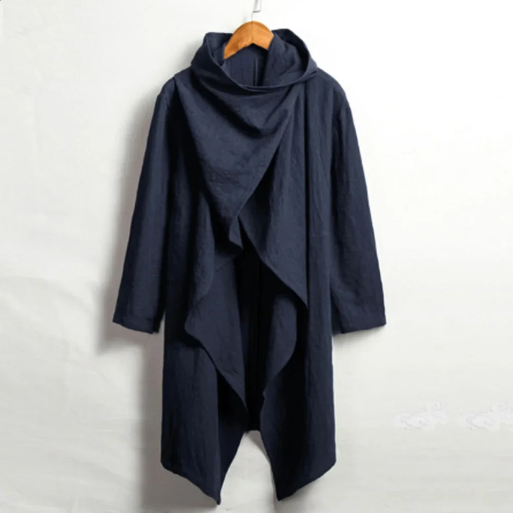 Men Coats Long Sleeve Scarf Collar Trench Ponchos Cotton Outwear Solid Cloak Vintage Irregular Jackets Men Streetwear 240822