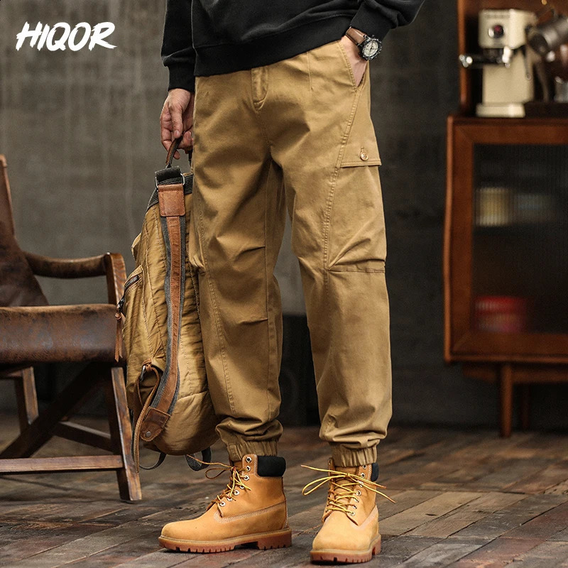 HIQOR Mens Clothing Large Pocket Loose Overalls Men Outdoor Sports Joggers Man Cargo Pants Cotton Casual Baggy Streetwear Male 240822