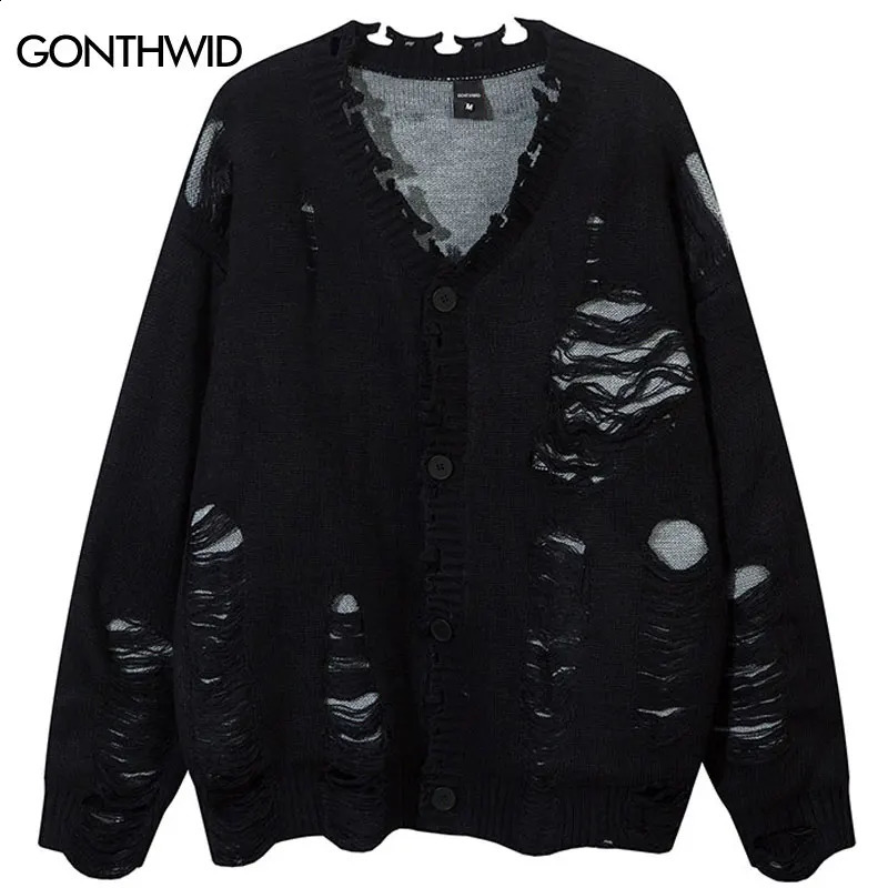 Hip Hop Sweater Cardigan Coat Grunge Vintage Ripped Holes Knitted Jumper Streetwear Men Harajuku Punk Gothic Oversized Sweaters 240821