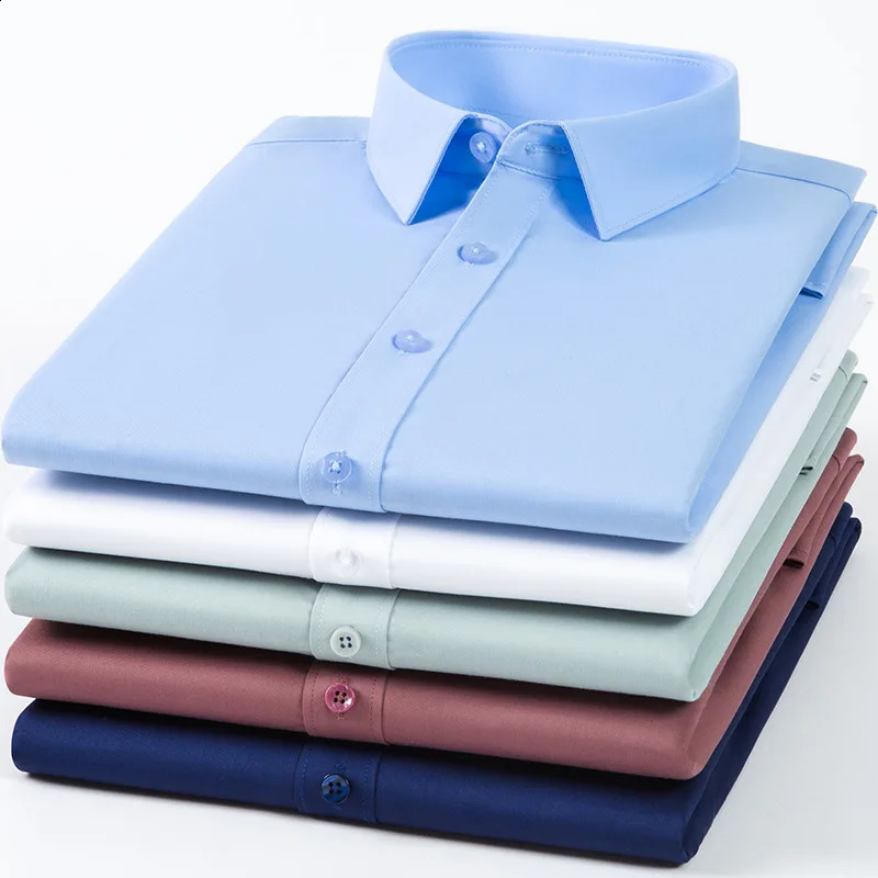 Elastic long sleeved white shirt for mens suit business dress casual silk smooth and wrinkle resistant bamboo fiber shirt 240822