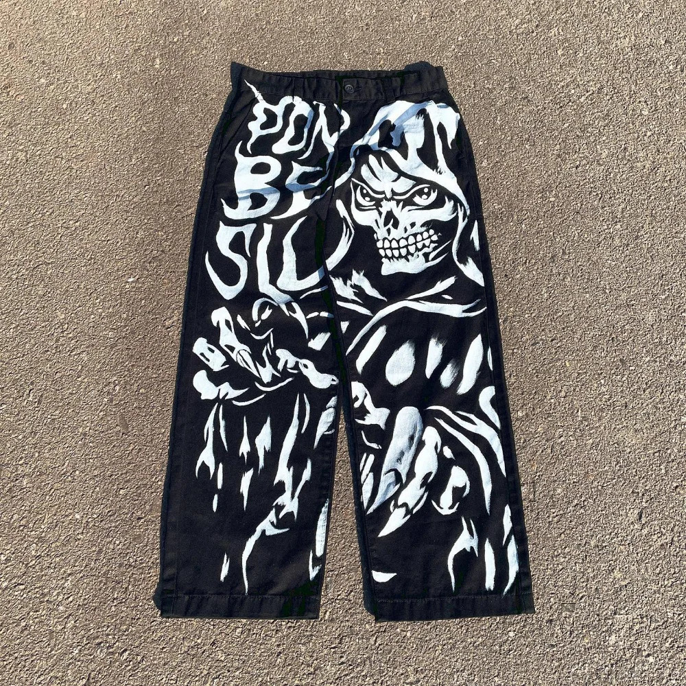 Y2k black jeans fashionable and personalized skeleton printed wide leg straight hiphop pants Gothic Harajuku mens 240807