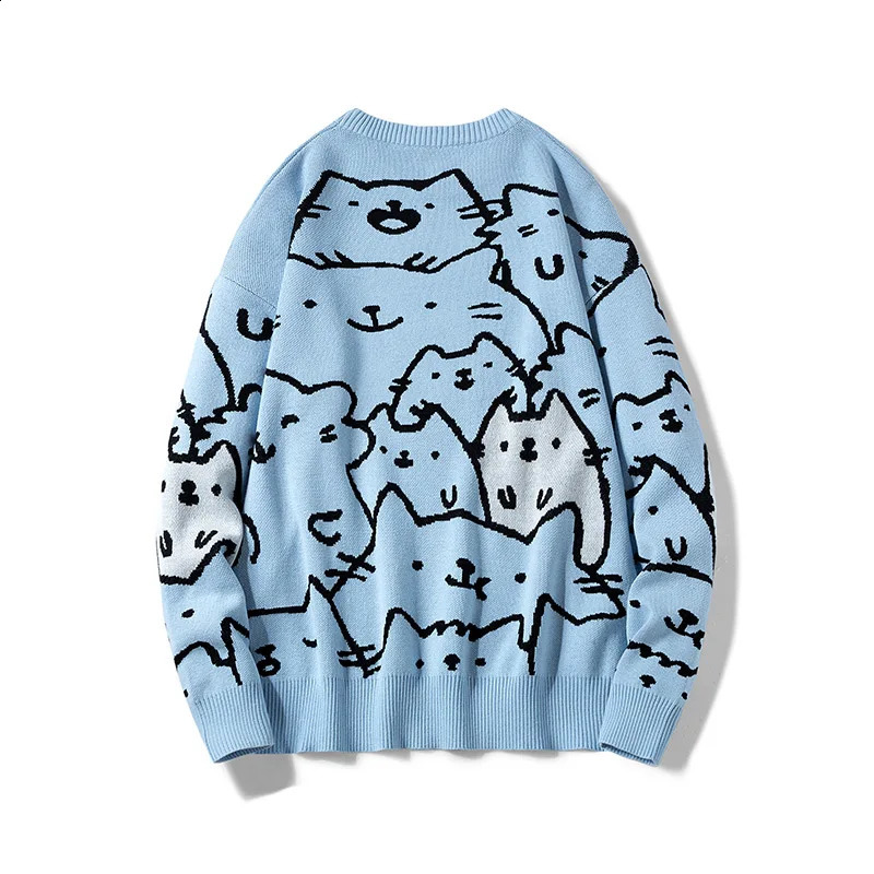 Autumn cotton anime sweater mens retro Harajuku oversized loose and cute cartoon cat pull up clothing 240821