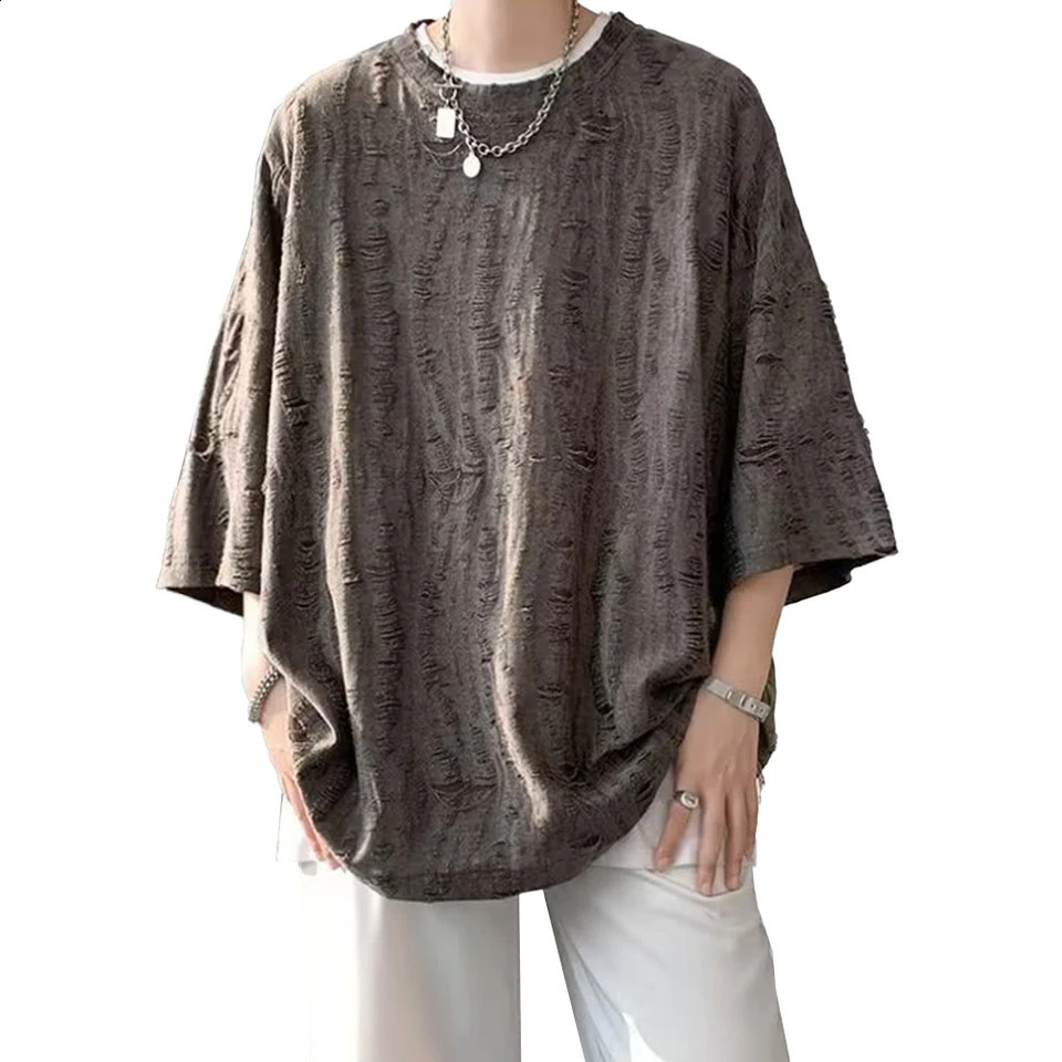 Mens short sleeved torn Y2k Tshirt with floral street clothing hiphop shirt top tee 240822