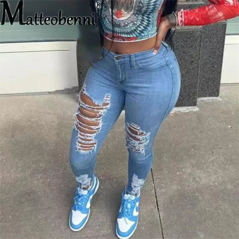 Sexy Hollow Out Broken Holes Tight Pencil Jeans Women High Waist Slim Fit Denim Pants Female Fashion Street Casual Blue Trousers 240821
