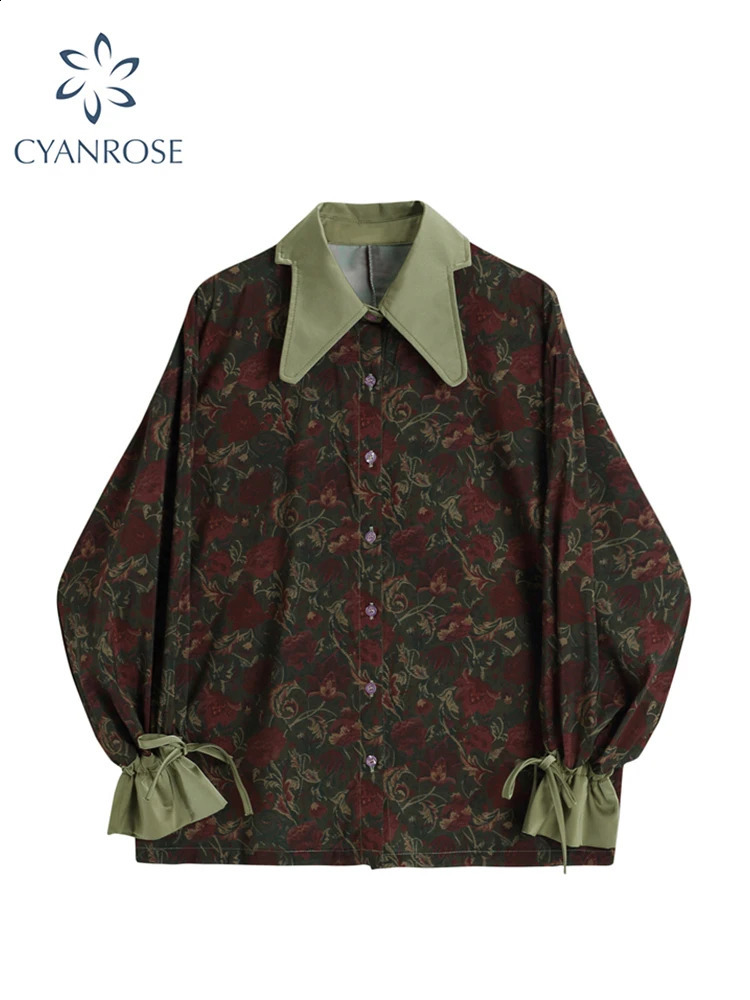 Autumn retro style floral print loose womens shirt Korean casual long sleeved button up top w240822