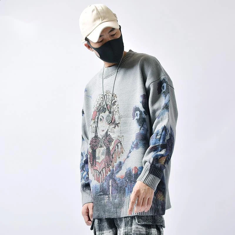 Hip Hop Sweater Mens Autumn Couple Knitted Jumper Anime Beijing Opera House Printing Retro Pulleys Harajuku Grey 240821