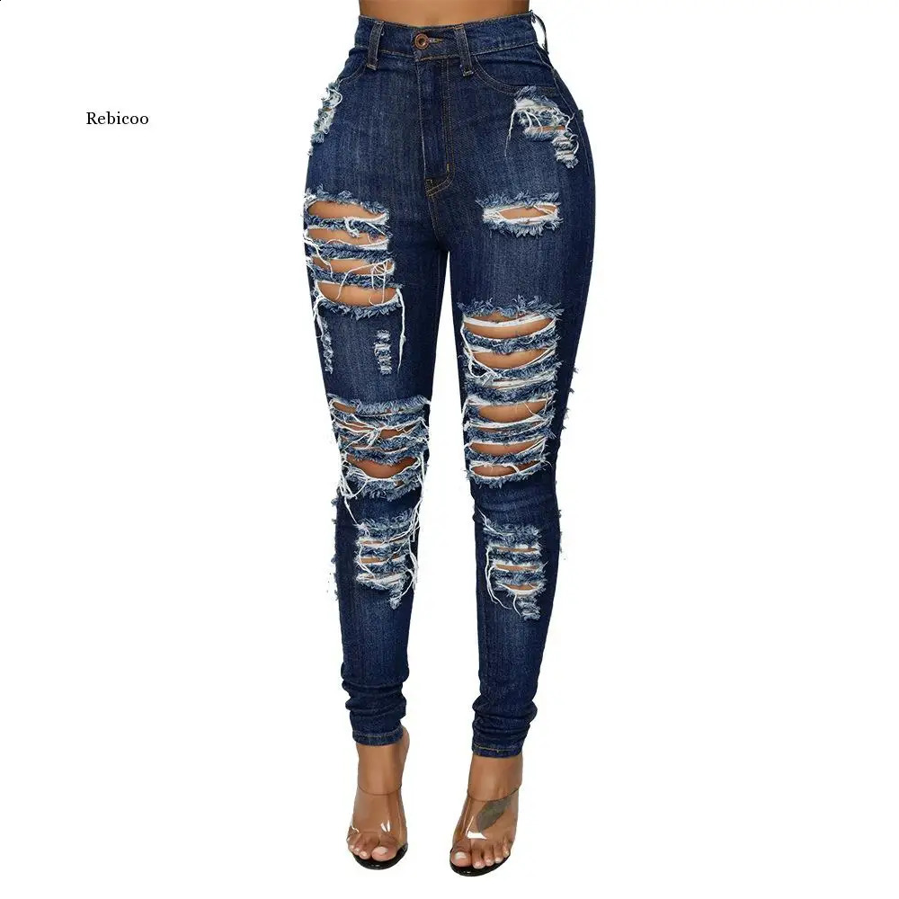 Women Slim Pants Washed Ripped Hole Gradient Long Jeans Denim Sexy Regular Pants S-2xl Jean Women Leggings Clothes 240821