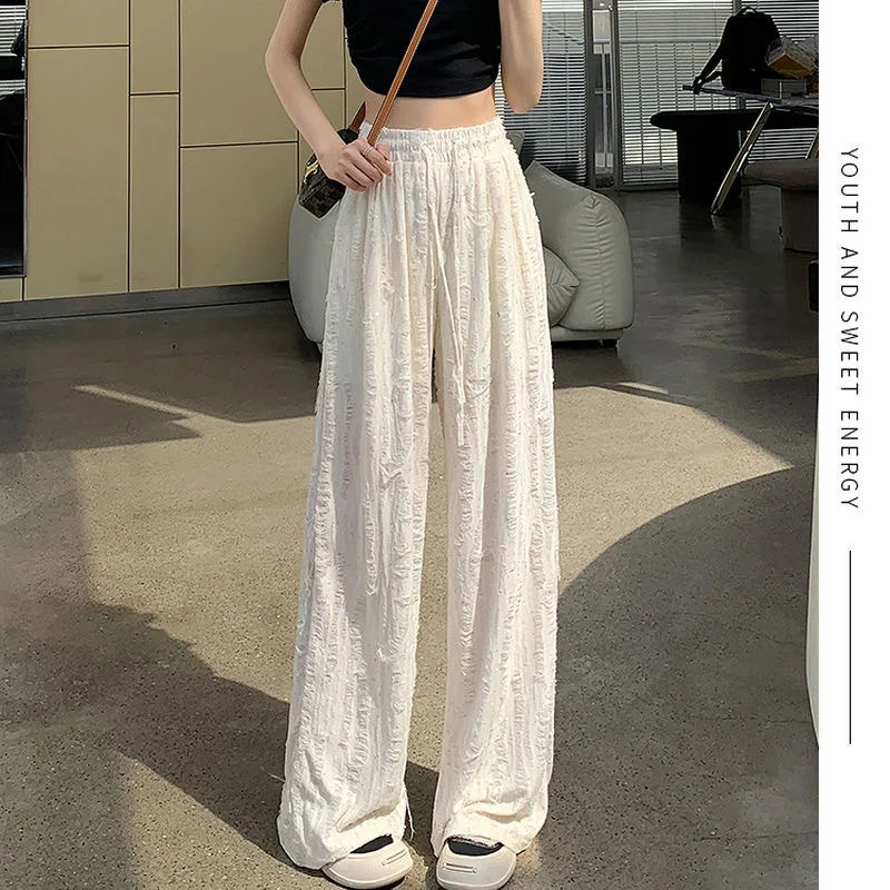Y2k Streetwear Diamonds Wide-legged Pants Grunge Hole Women Clothing High Waisted Baggy Straight Pants n Chic Trouser 240821