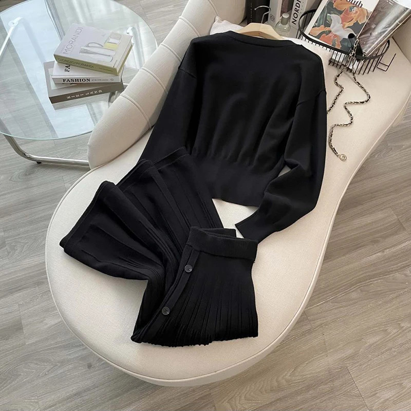 ZJYT autumn and winter knitted dress set twopiece womens fashion long sleeved Vneck cardigan sweater tight fitting black 240821