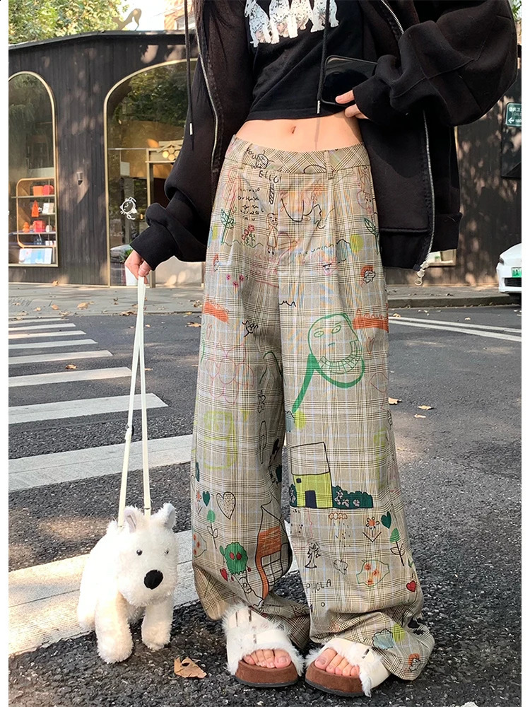 Womens Baggy Y2k Plaid Pants Streetwear Graphic Print Pants Vintage Harajuku High Waist Wide Leg Trousers Fashion Clothes 240821
