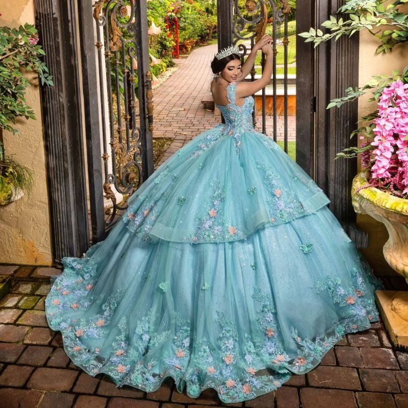 Mexican Aqua Blue Quinceanera Dresses Ball Gown Beaded Lace Appliques Flower Tull Sweet 16 Dress Princess Lace Up Vestido De 15 Anos
