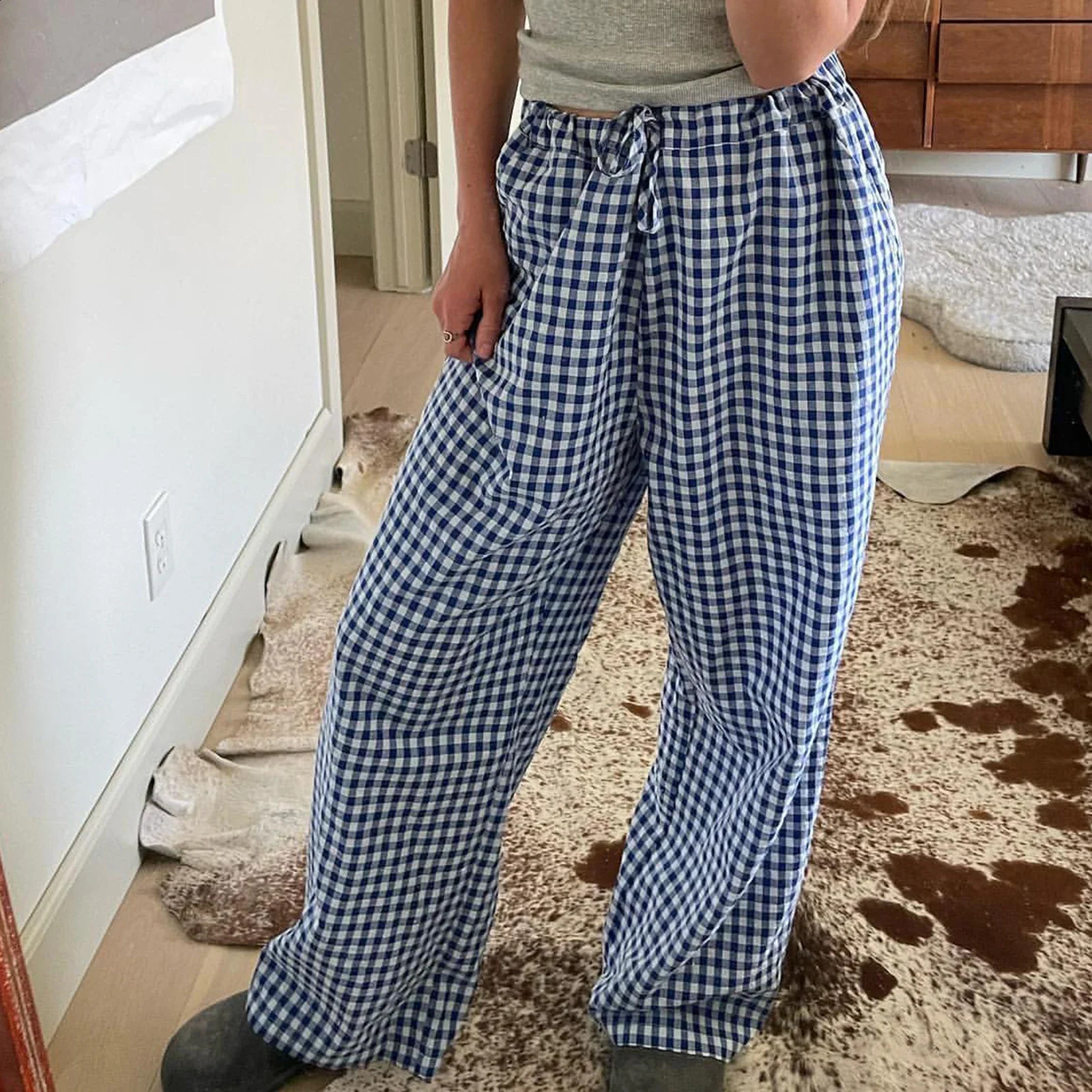 Combhasaki Womens Y2K Retro Aesthetic Wide Leg Drawstring Thin Pants Summer Casual Elastic Plaid Loose Trousers with Pockets 240821