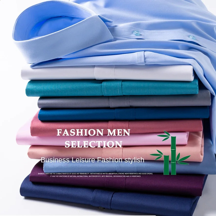 Shirt Men Hombre Bamboo Fiber Long-sleeved Elastic Comfortable Iron-free Casual Shirt Business Professional Dress White-inch 240822