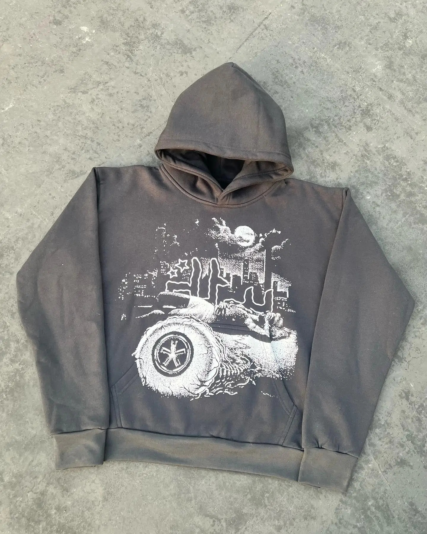 Y2K Hoodie Harajuku Goth Print Vintage Gray Oversized Hooded Sweatshirt Men Women Hip Hop Fashion Casual Loose Tops Streetwear 240809
