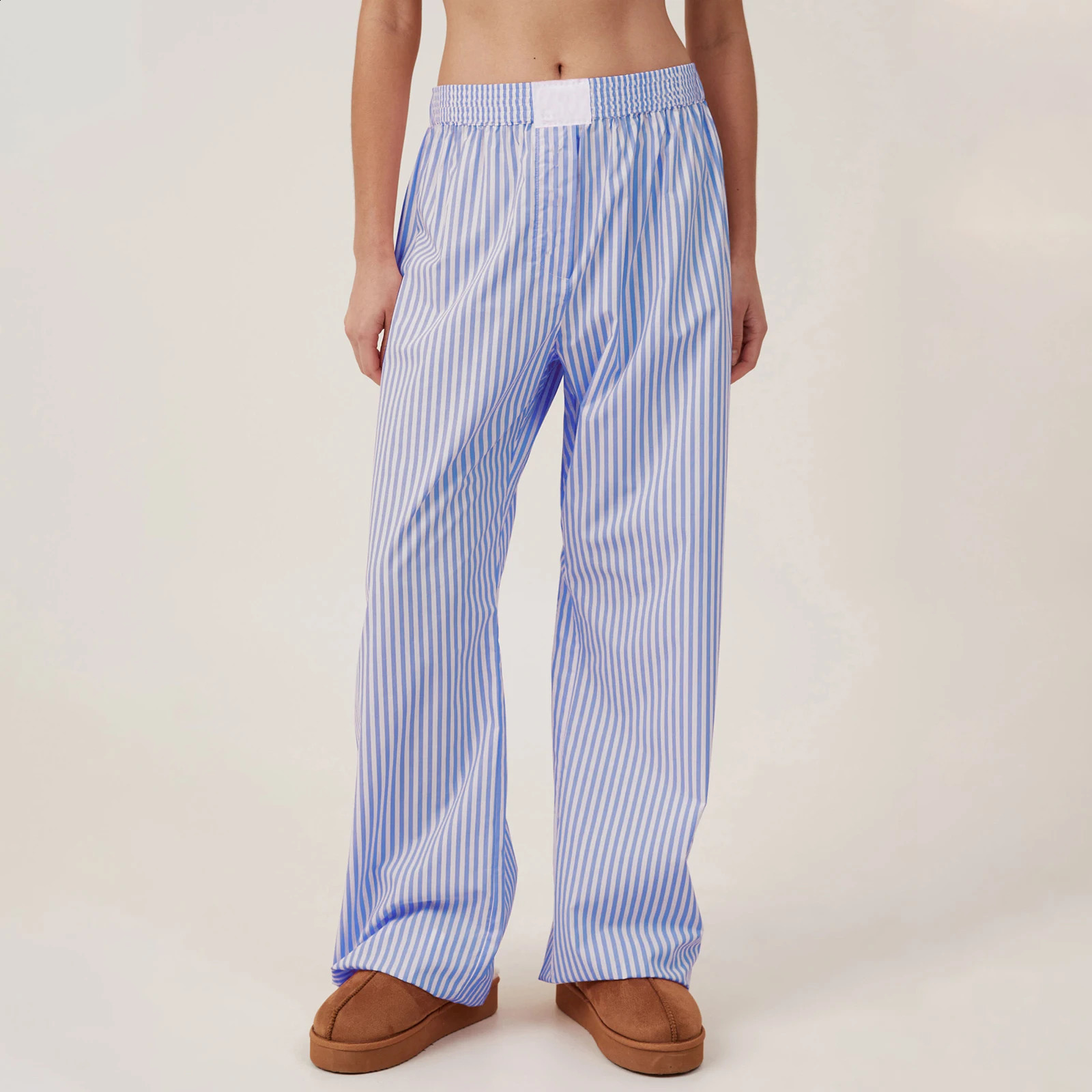 Womens Autumn Kawaii y2k Aesthetic Striped Loungewear Pants Casual Loose Elastic Waist Wide Leg Long Pants Trousers Streetwear 240821