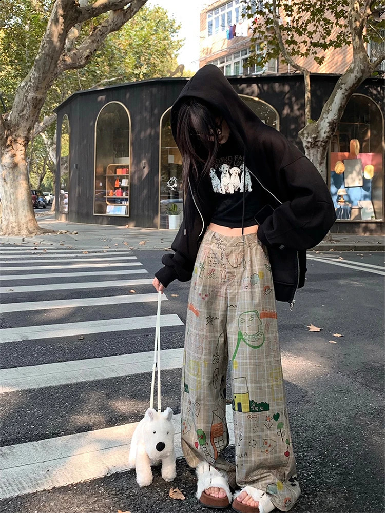 Womens Baggy Y2k Plaid Pants Streetwear Graphic Print Pants Vintage Harajuku High Waist Wide Leg Trousers Fashion Clothes 240821