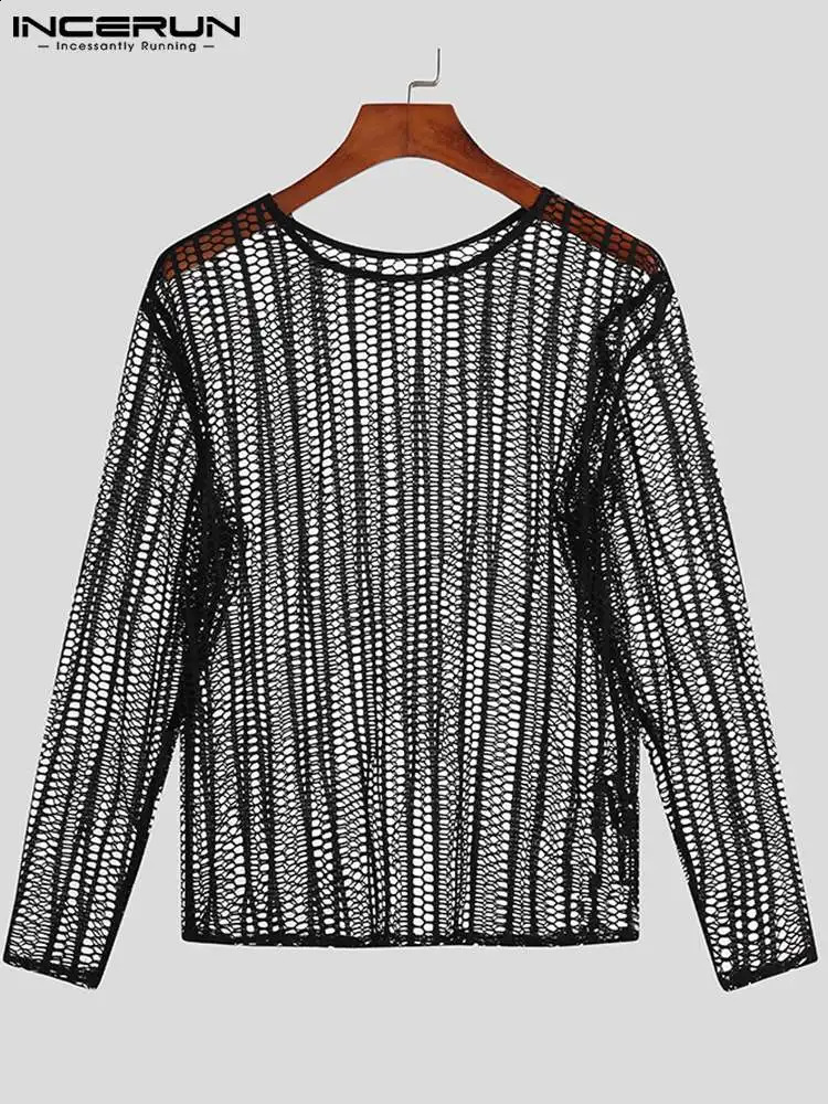 INCERUN Men Mesh T Shirt Transparent Oneck Long Sleeve Clothing Streetwear Sexy Solid Party Nightclub Camisetas 5XL 7 250122