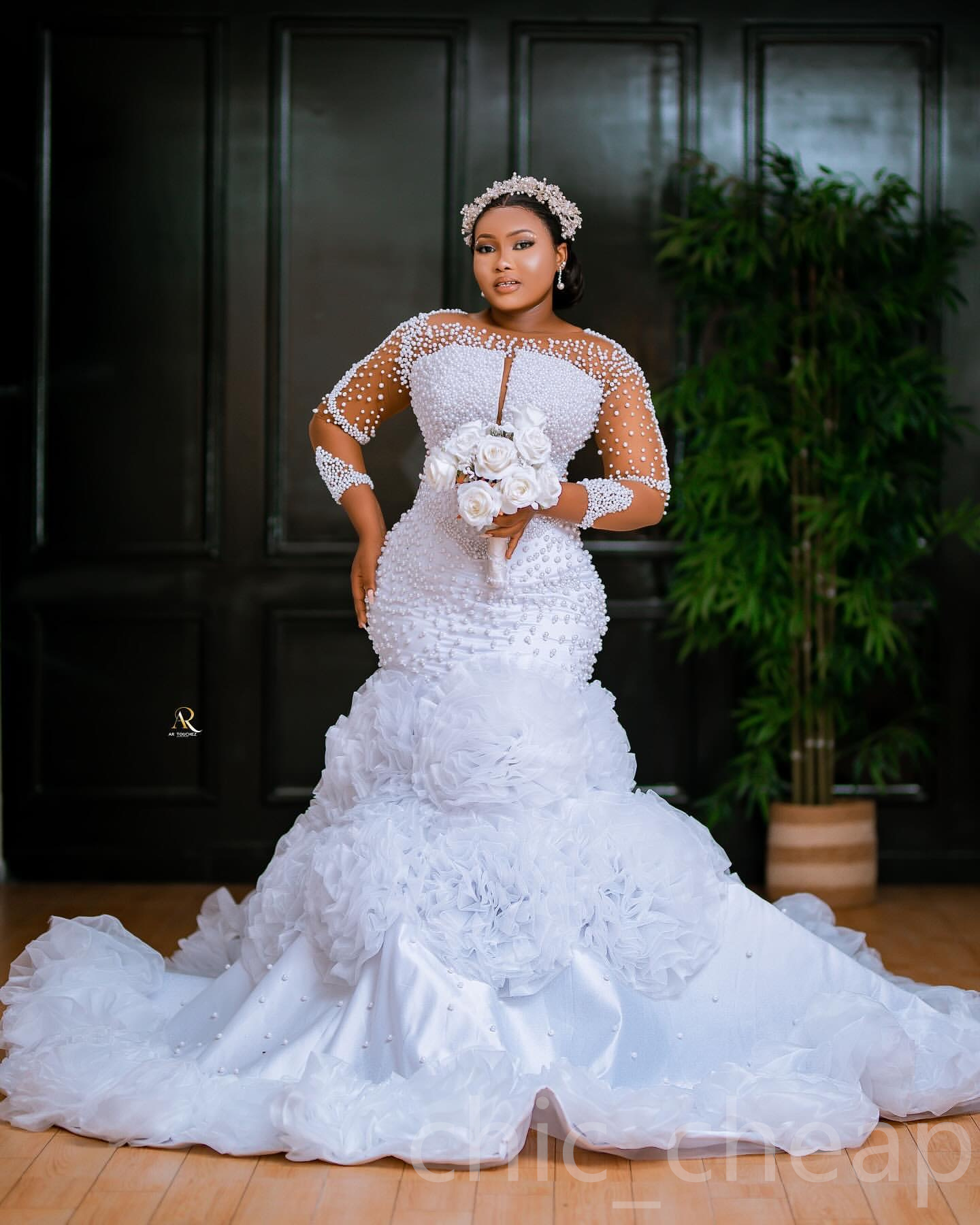 African Aso Ebi 2024 White Mermaid Wedding Dress Pearls Full Sleeves Vintage Flowers Elegant Bridal Gowns Dresses ZJ214