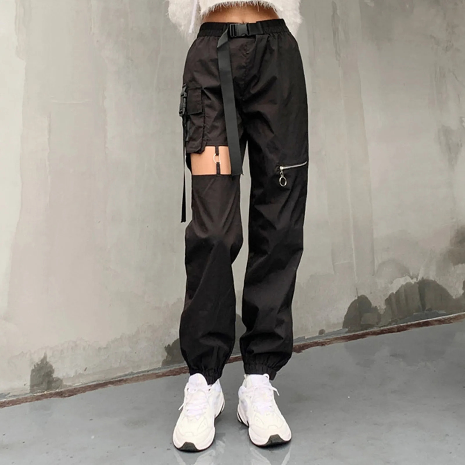 Sweatpants Women Autumn Cargo Pants Hollow Punk Workwear Belt Buckle High Waist Zipper Pants Y2k Street Retro Loose Pants 240821