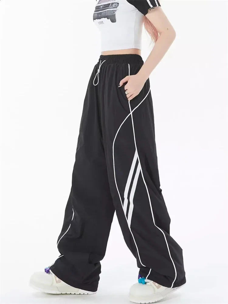 QWEEK Harajuku Egirl Gray Track Pants Women Y2K Vintage Striped Sweatpants Oversized Streetwear Hippie Wide Leg Black Joggers 240821