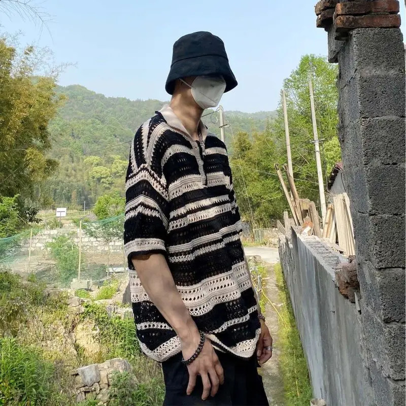 2024 Summer Fashionable and Personalized Hollowed Out Contrasting Striped Printed Loose Casual Short Sleeved Polo Shirt 240821