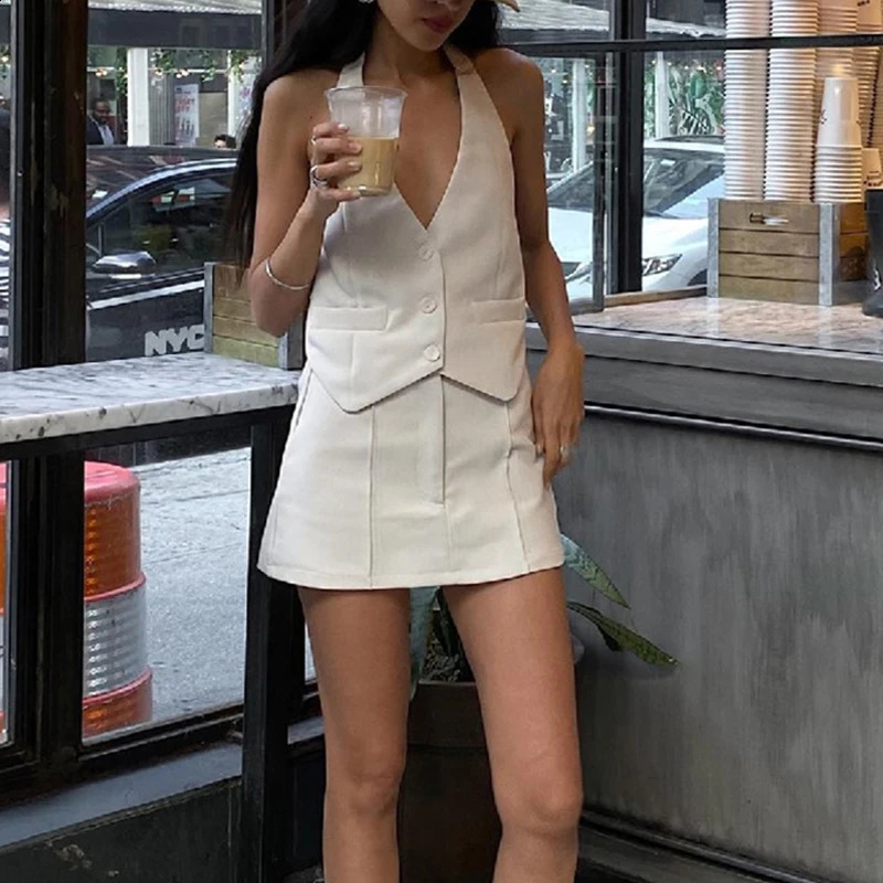 Fairycore Buttom Up Backless Halter Neck Crop Tops Mini Skirt Matching Suit Outfits sweet 2 Piece Skirt Set Streetwear 240813
