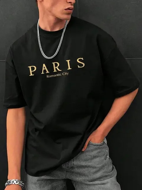 Paris Romantic City Letter Printed Tshirt Mens Summer Loose Clothing Cotton Oversized Street Soft Top 240822