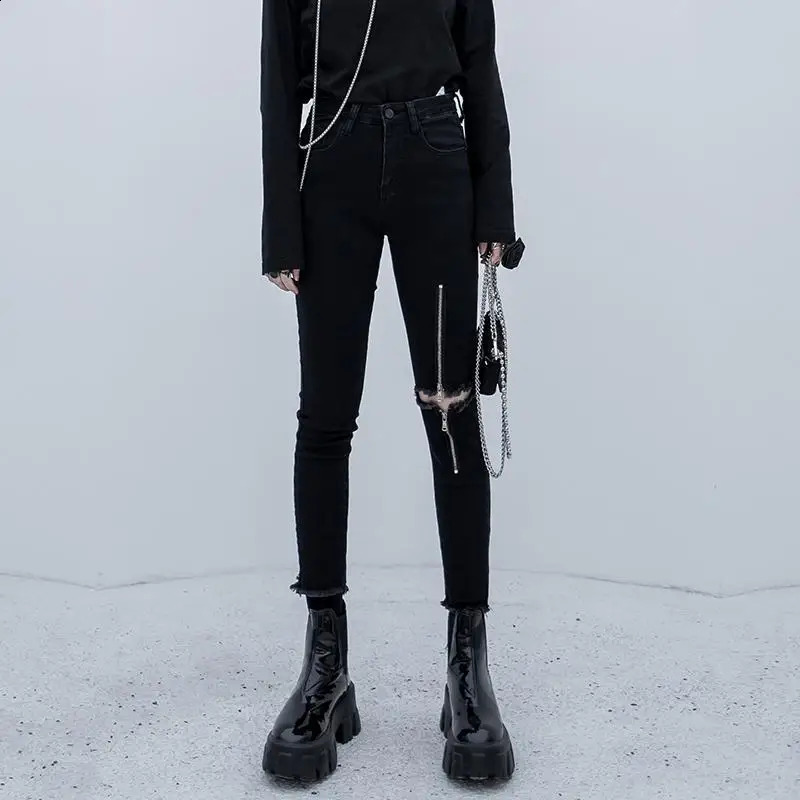 Vintage Black Jeans Women Punk Style Zipper Ripped High Waist Pencil Pants Jeans Womens Gothic Ripped Jeans for Women S-4XL 5XL 240821