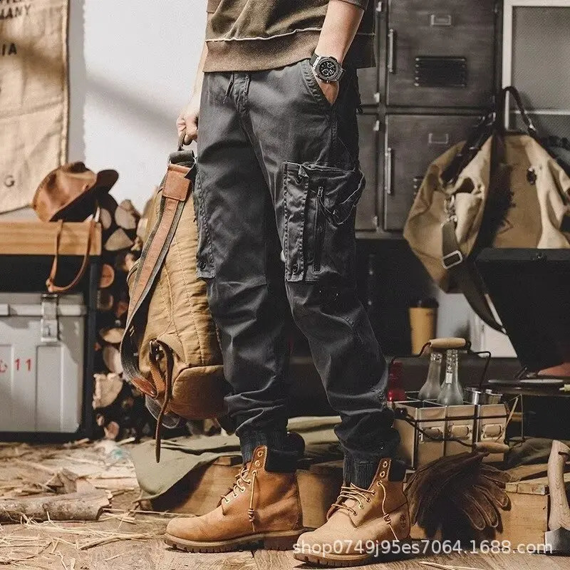 American Retro Outdoor Hip Hop Workwear Pants For Mens Trendy Elastic Waist Zipper Simple Large Pocket Tied Casual Pants 240822