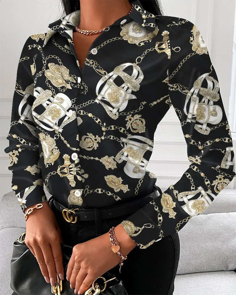 Women Fashion Wild Shirts ChainFloralLetterGeometric Square Print TurnDown Collar Long Sleeve Blouses 240821