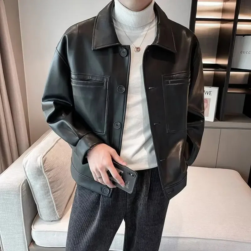 Autumn/winter Faux Leather Jacket For Men Trendy Korean Style Cropped Versatile Lapel Jacket Casual Scene Regular Type 240822