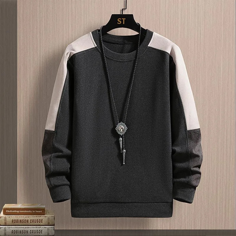 Autumn Fashion Korean Edition Patch Work Color Match Round Neck Loose and Versatile Handsome Young Long Sleeve Sweater 240821