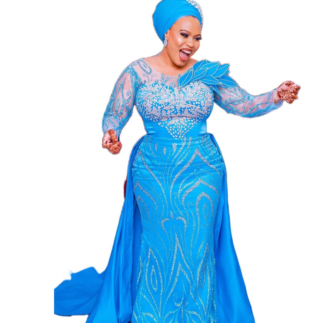2025 Plus Size Blue Mermaid Mother Of Bride Dresses Lace Detachable Rhies Train Evening Party Mama's Dress Vintage Birthday Wedding Guest Groom M