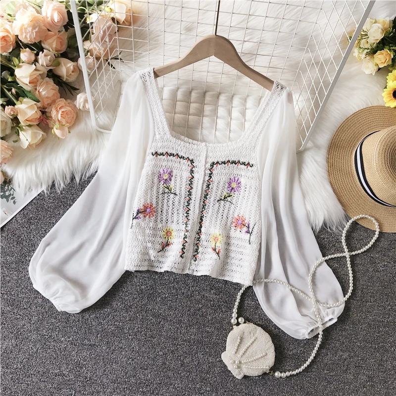 Woman Blouse Women Oversized Top Blouses Embroidery Long Sleeve Tees Crochet Shirt Floral Print Crop Streetwear Blusas Dropship 240821