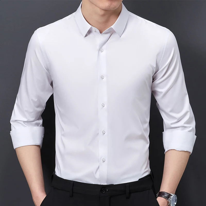 Bamboo Fiber Mens Dress Shirt Long Sleeve Waterproof Anti-fouling Business Social Solid Color Slim Fit Stainproof Big Size 8XL 240822