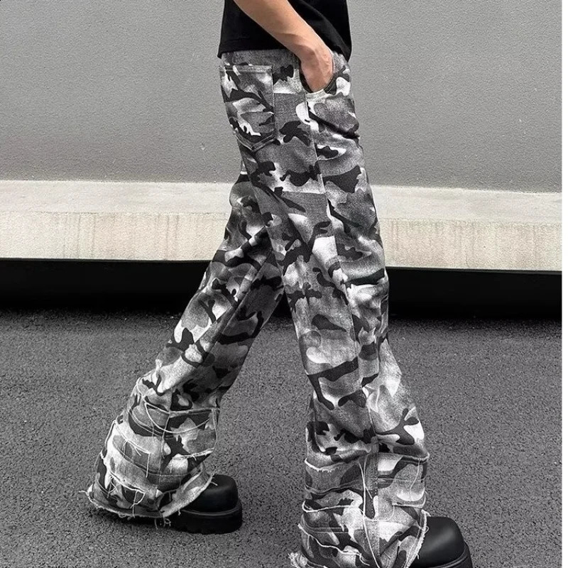 Hip hop camouflage cargo pants mens dyed color block trend drag All Over Street American punk motorcycle Trojan horse 240821