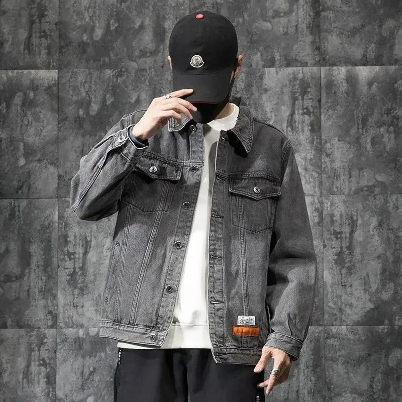 Male Jean Coats Button Autumn Black Mens Denim Jacket Biker Motorcycle With Embroidery Korea Clothing In Low Price Worn Y2k 240821