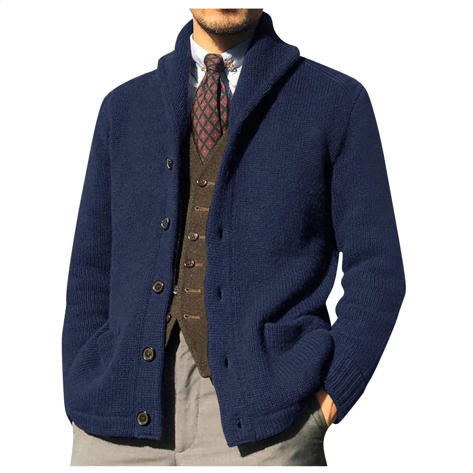 Mens winter cardigan solid shawl collar button down cable knit sweater casual jacket mens clothing 240821