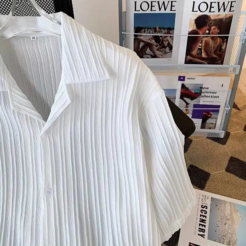 Mens 2024 Summer Spliced Polo Collar Button Screw Thread Fashion Solid Colo Loose and Versatile Casual Short Sleeves Shirts 240821