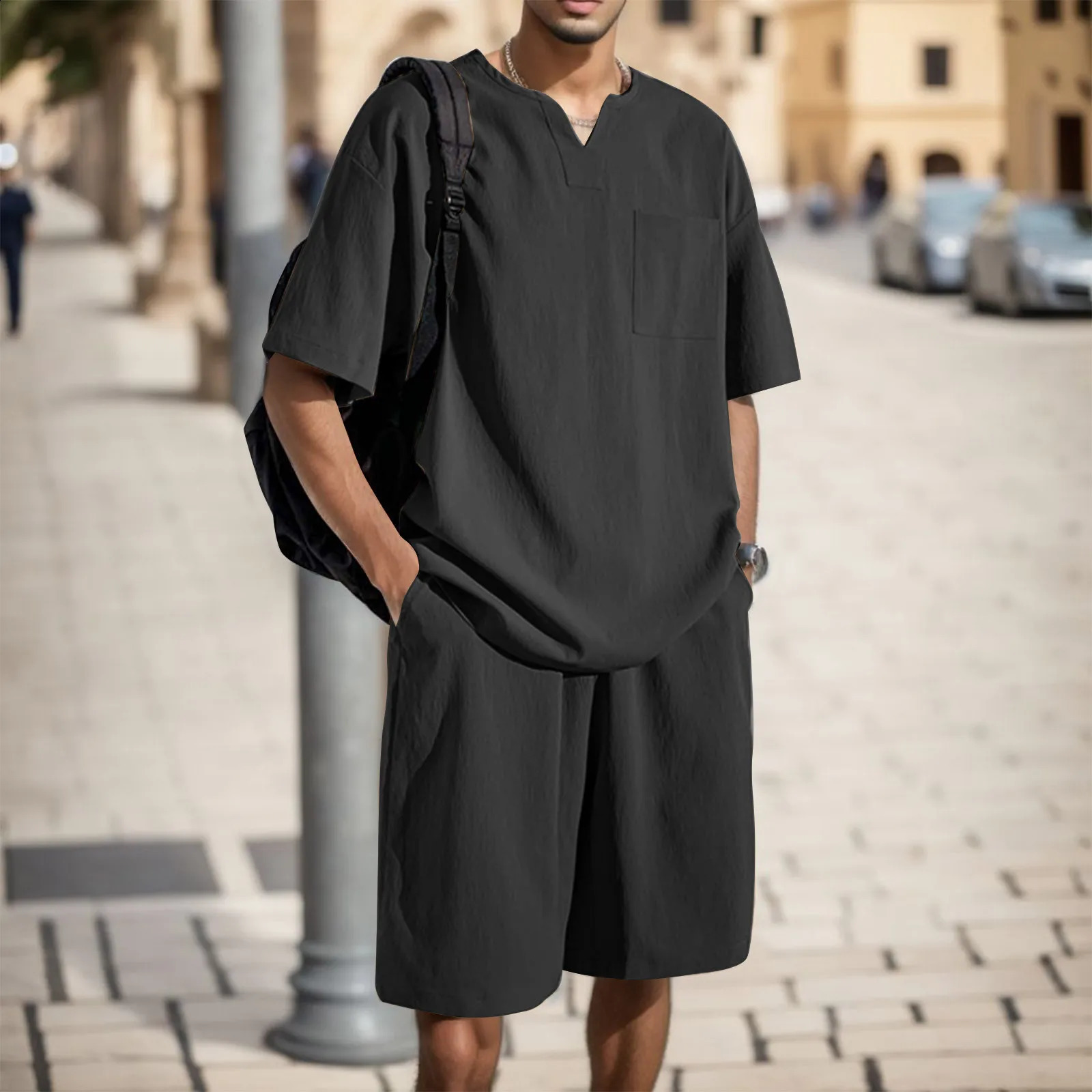 Mens casual suit style with loose ice silk sportswear family clothing twopiece set summer mens 240822