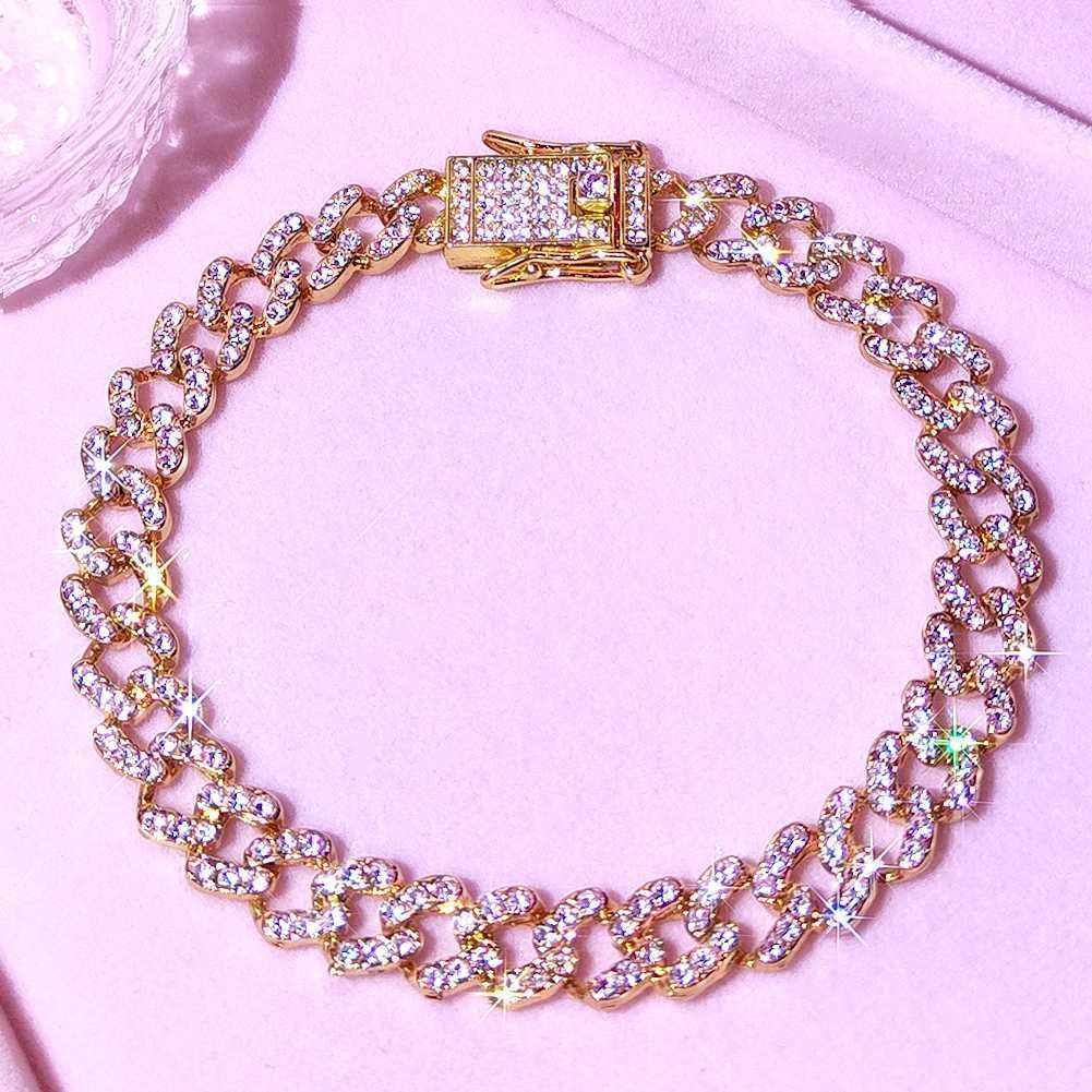 Hip Hop Luxury Rhinestone Cuban Link Chain Anklet Bracelet for Women Iced Out Bling Crystal Heart Butterfly Foot Jewelry 230719