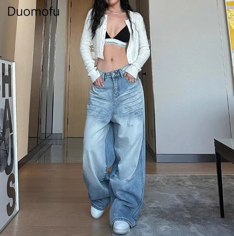 Duomofu Light Blue Classic Straight Strt Baggy Women Autumn Vintage Basic Simple Casual Slim High Waisted Jeans Z260313