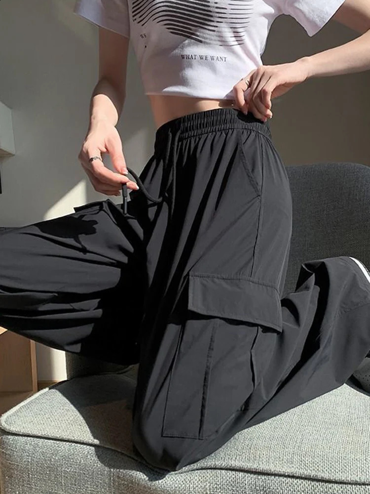 Zoki Y2K American Cargo Pants Women Streetwear Harajuku Retro Trousers Casual High Waist Lace Up Vintage Bf Wide Leg Pants 240821