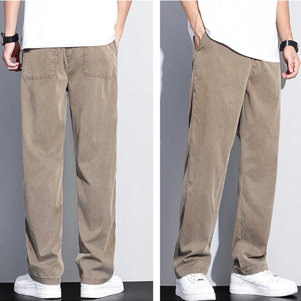 Summer Jeans for Men Thin Soft Lyocell Fabric Loose Straight Wide Leg Pants Elastic Waist Casual Trousers Plus Size M-5XL 240822