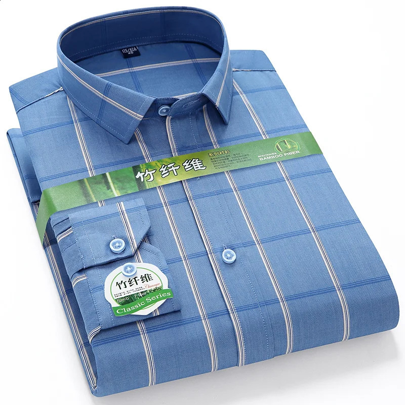 Mens Bamboo Fiber Dress Shirt Long Sleeve Fashion Plaid Stripe Comfort Soft Anti-wrinkle Stretch Slim Fit Business Man Clothes 240822